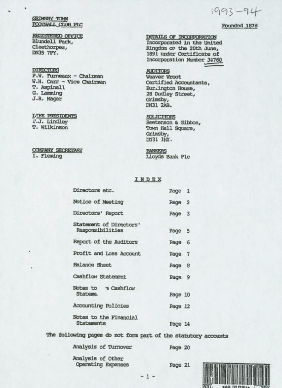 GTFC 1993/94 Accounts GTFC Heritage